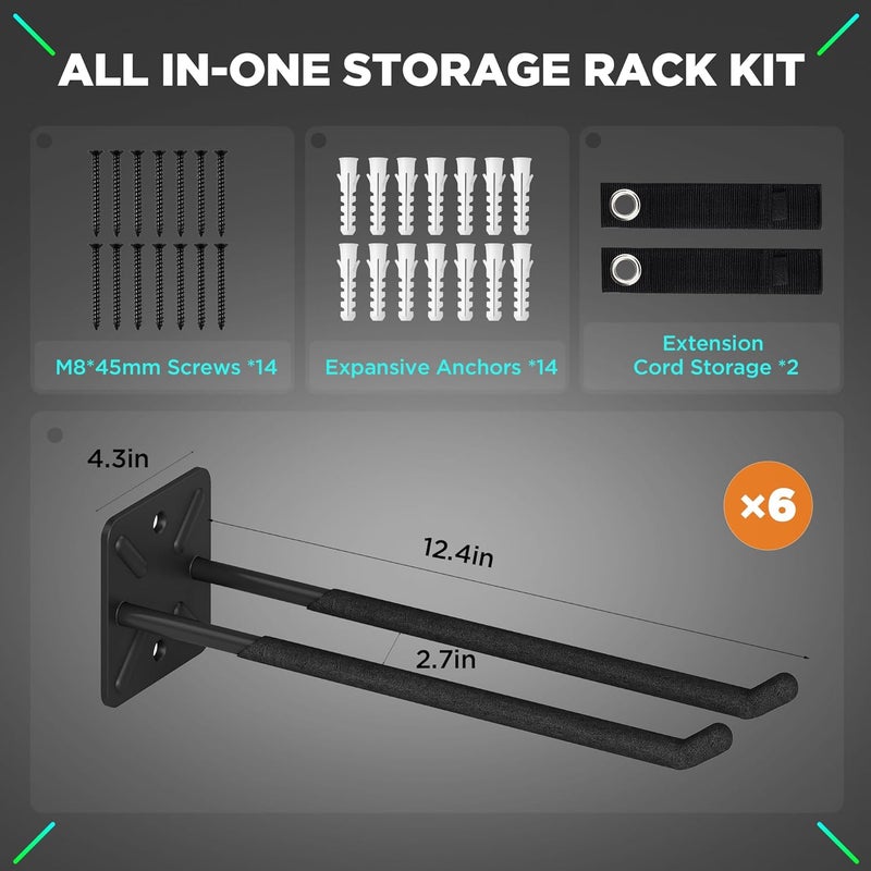 Nacial 6 Pack Garage Storage System Hooks, Heavy Duty Wall Mount Tool Organizer, Chair Hanger Garage Storage Utility Hooks for Car Tires, Ladders, Chairs, Strollers, Power Tools, Garden Tools - 6 PACK - Image 2